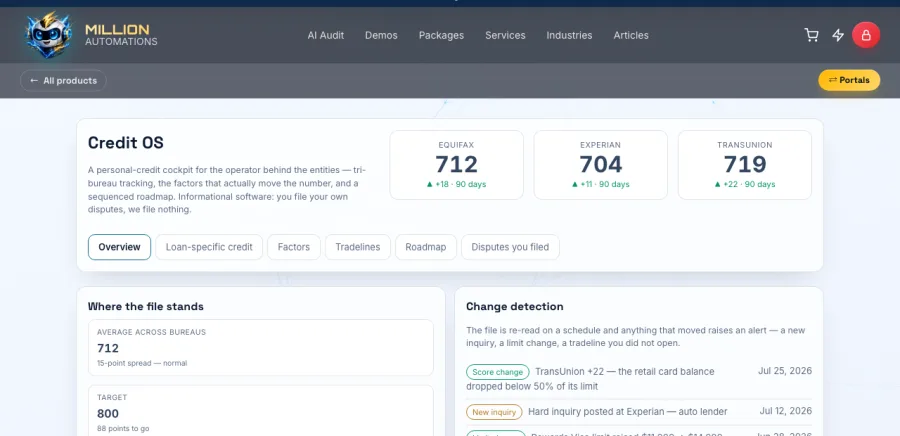 Credit OS — tri-bureau scores, factor breakdown, change detection