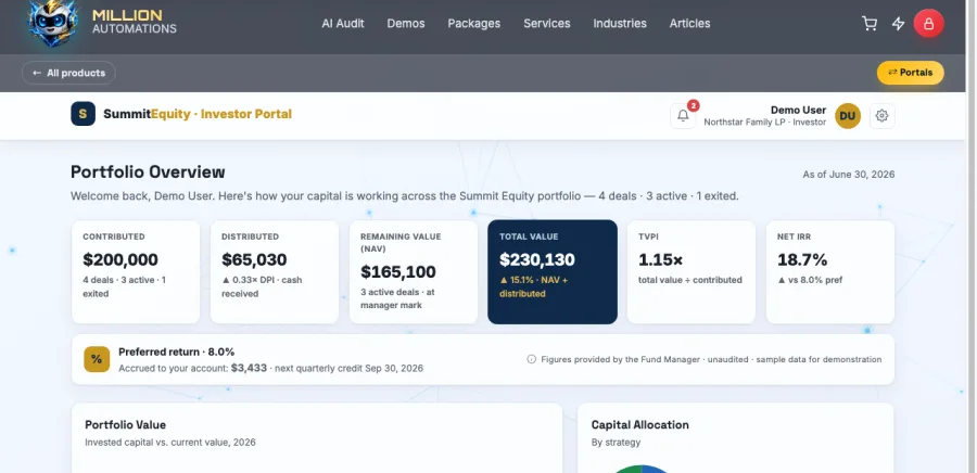 Investor portal — KPI row, preferred-return accrual, per-deal drill-downs