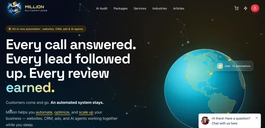 Million Automations home page — 'Every call answered' hero over an animated node field and globe