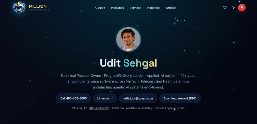 Udit Sehgal portfolio hero on the Million Automations node-field background