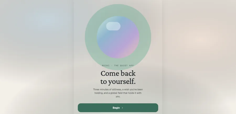 Reiki Meditation app hero — 'Come back to yourself' over a soft gradient orb