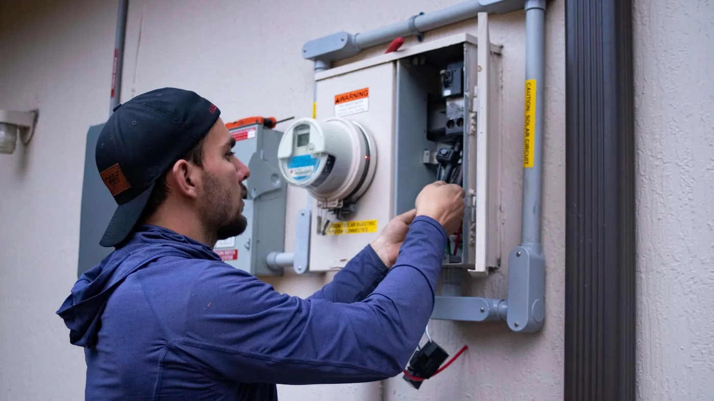 Technician servicing an AC electrical panel